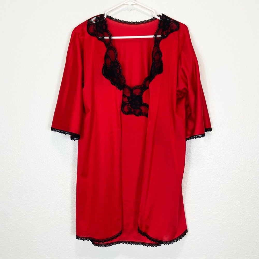 Vintage Silky Red Nighty Black Lace Robe USA Made